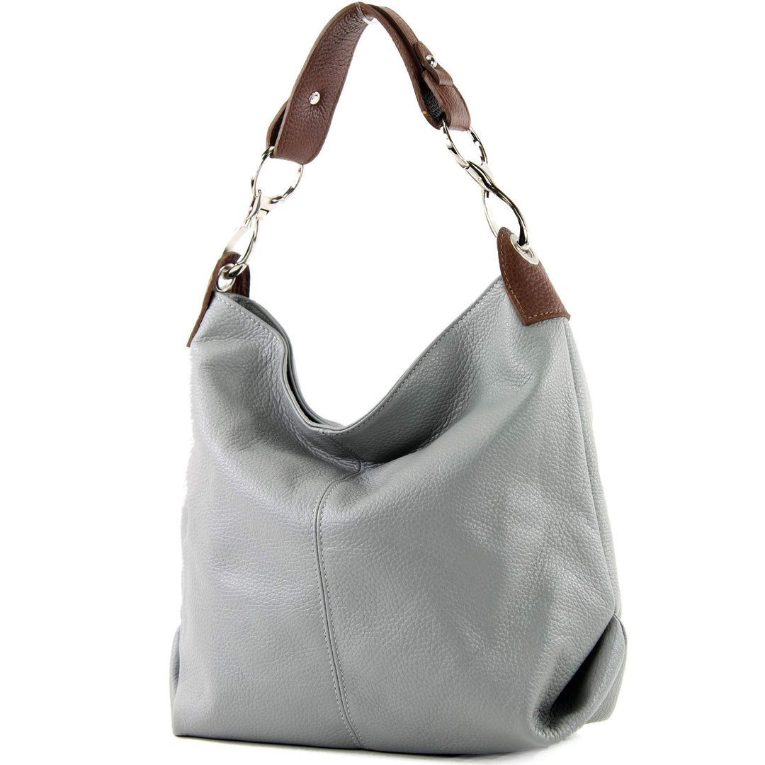 modamoda de - T168 - ital Schultertasche Umhängetasche aus Leder Grau/Braun, Grau/Braun