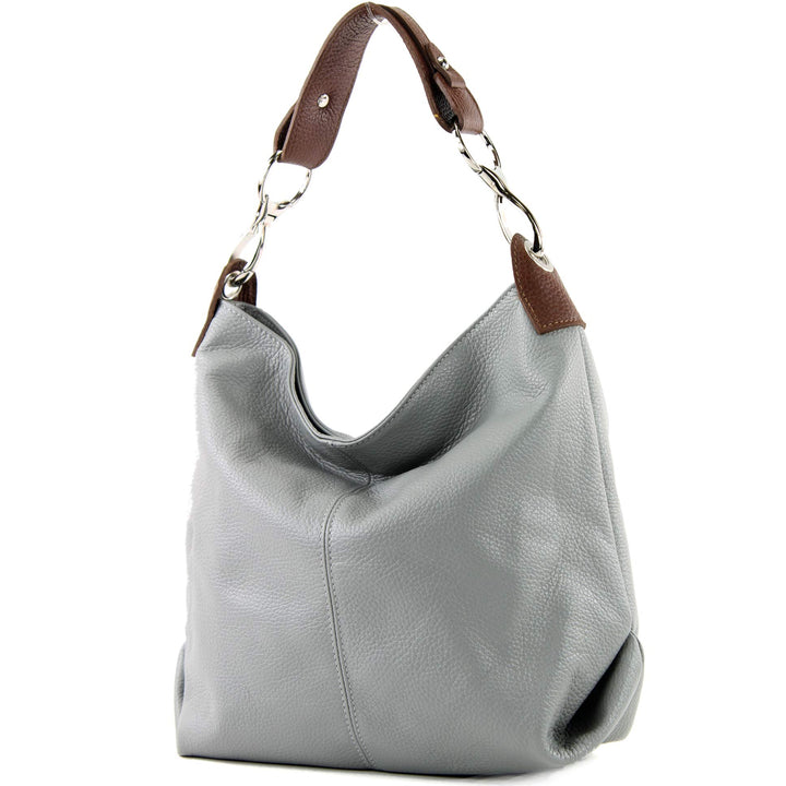 modamoda de - T168 - ital Schultertasche Umhängetasche aus Leder Grau/Braun, Grau/Braun