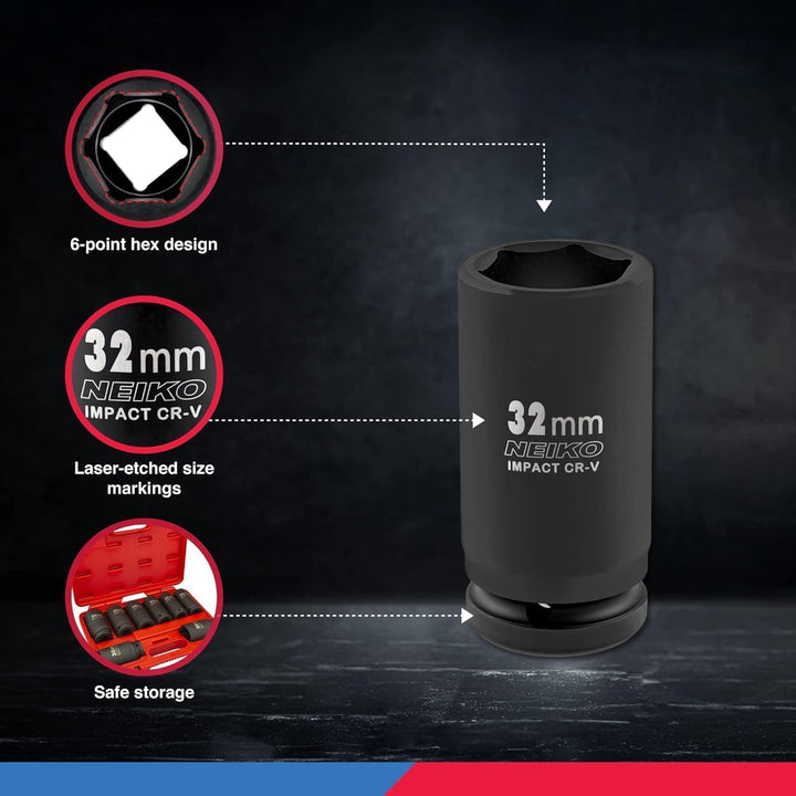 Neiko 02460 A 3/10,2 cm Tiefe Schlag metrische Stecknüsse, 8 Stück | 26 mm – 38 mm | CR-V Stahl 27 -