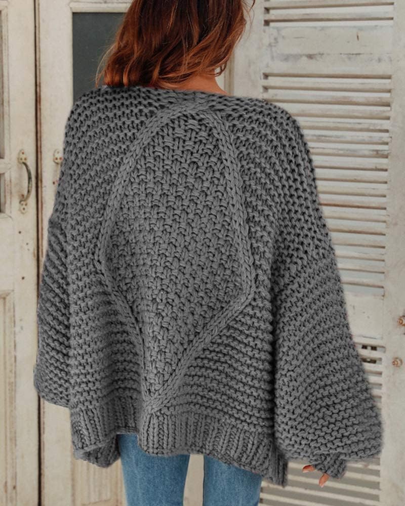 Cicy Bell Damen Strickjacken Cardigan Lose Laternenärmel Elegante Übergrosse Pullover M Grau, M Grau