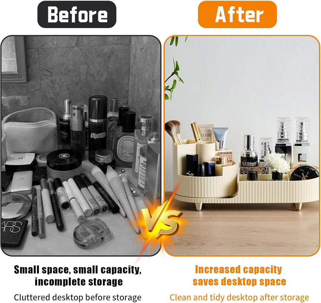 360°Drehbarer Cremefarbe Kosmetik Organizer mit Fach 2 in 1,Hohe Kapazität Skincare Organizer, Aufbe