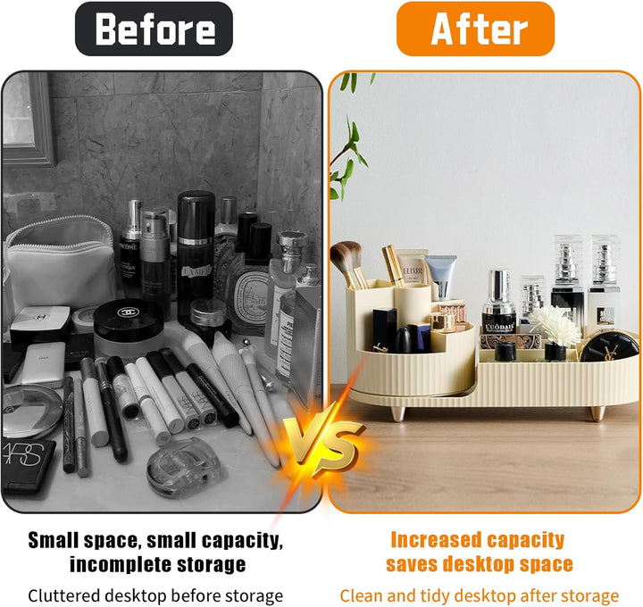 360°Drehbarer Cremefarbe Kosmetik Organizer mit Fach 2 in 1,Hohe Kapazität Skincare Organizer, Aufbe