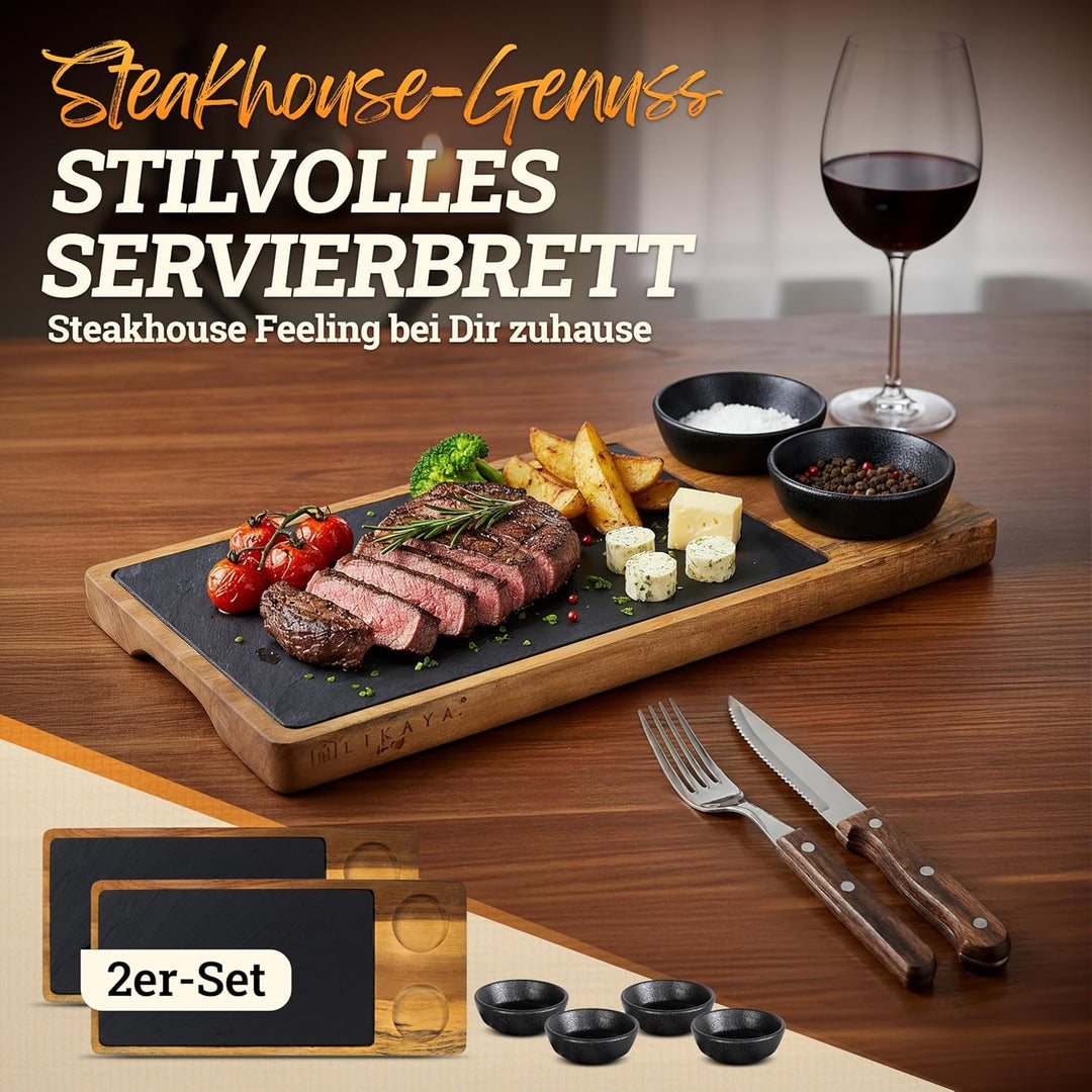 LIKAYA Steak- & Servierbrett 2er-Set aus FSC Akazienholz mit Schieferplatte & Dipschalen – Grillbret