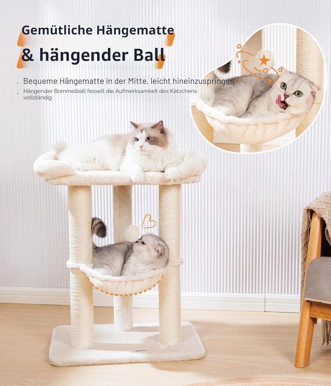 Happi N Pets 71CM Kratzbaum für Katzen, Hoher Kratzstamm mit grossem Bett für grosse Katzen, Sisal-K