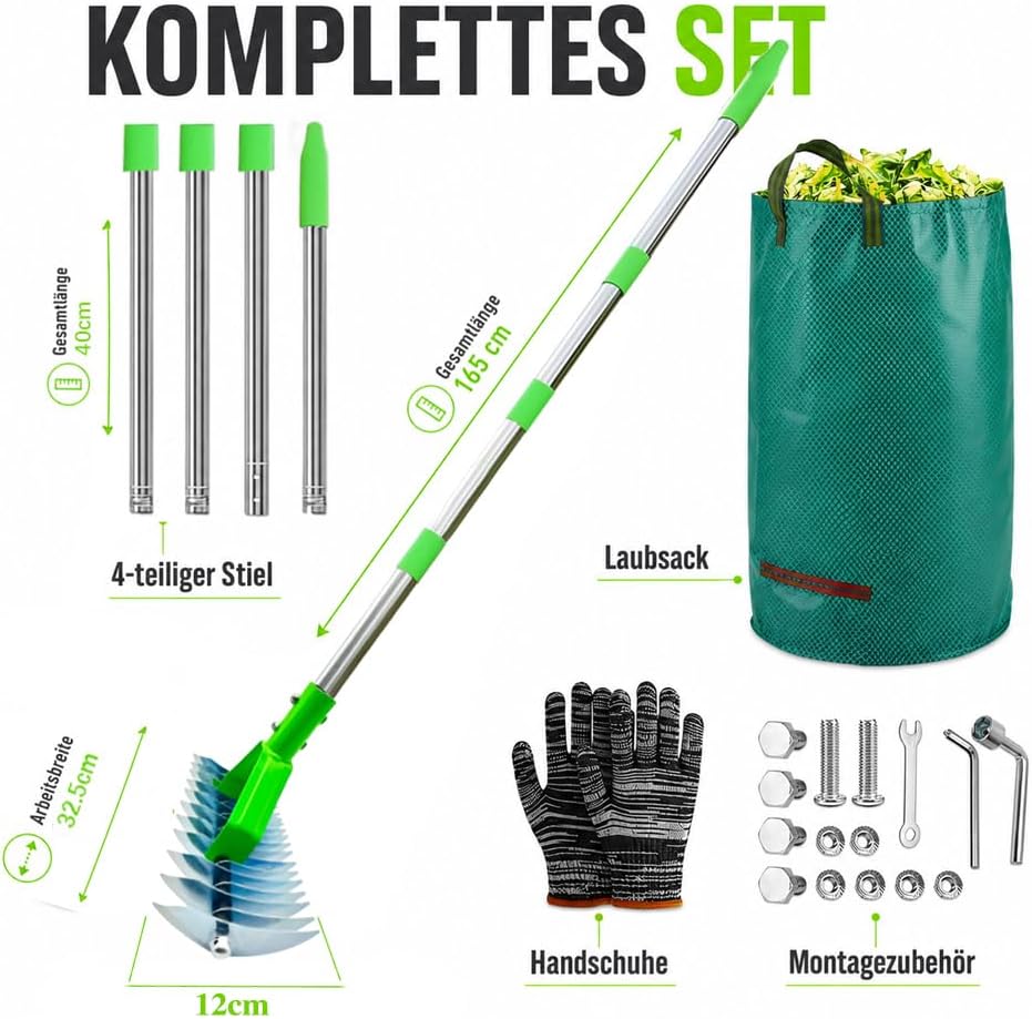Handvertikutierer mit stiel, 165cm Vertikutierrechen Garten, Rasenrechen, Laubrechen mit stiel, Hark