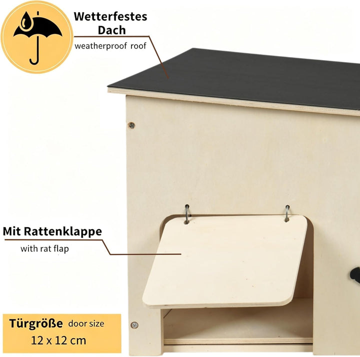 Grosses Igelhaus mit Rattenklappe Winterfest, Holz Igelhotel für Winterschlaf und Sommer-Unterschlup