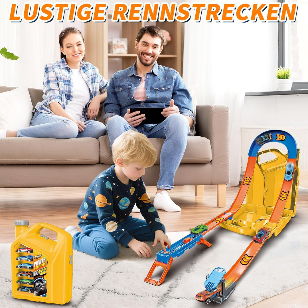 Autorennbahn für Kinder, Rennstrecke Auto Spielzeug mit 6 Autos, Aufbewahrungsbox, Auto Rennbahn Mit