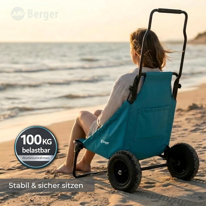 BERGER BeachBoy 2-in-1 Beach Trolley mit Sitz I klappbarer Transportwagen leicht I Strandwagen faltb