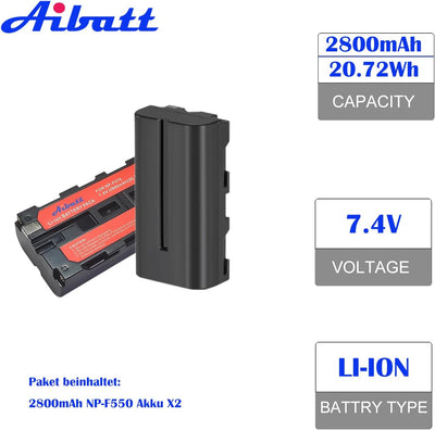 Aibatt 2er-Pack NP-F550 2800mAh akku,Ersatzakku für Sony NP-F960,NP-F970,NP-F770,NP-F550, NP-F530,Ko