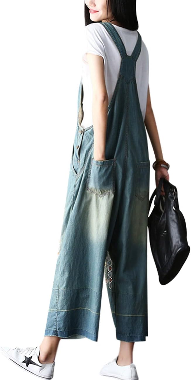 Youlee Damen Sommer Breites Bein Hose Denim Latzhose Overall Hosen M Stil 1 Blau, M Stil 1 Blau