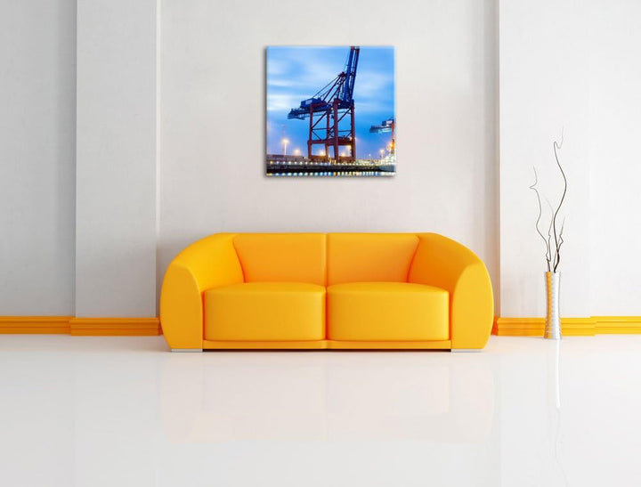 Containerkran im Hafen, Format: 70x70 auf Leinwand, XXL riesige Bilder fertig gerahmt mit Keilrahmen