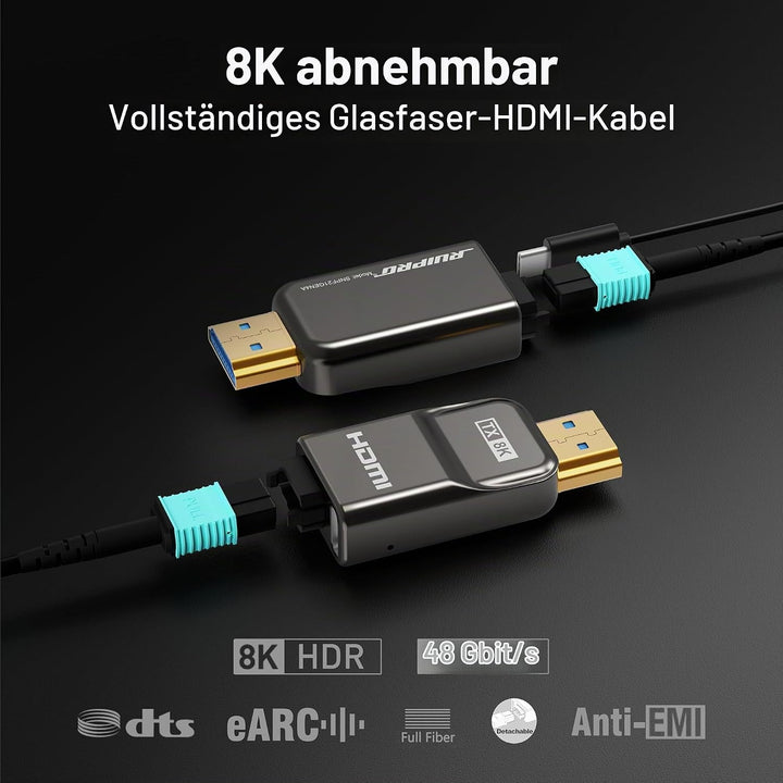 RUIPRO 8K HDMI 2.1 Kabel mit abnehmbarem Stecker aus reiner Glasfaser, 5 m, armiert, Ultra High Spee