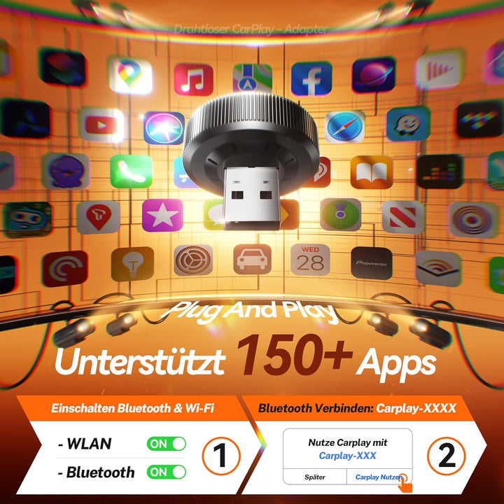 für Apple Carplay Wireless Adapter, 2.Generation, Auto-Verbindung, Keine Latenz, Plug&Play, Mini Wir