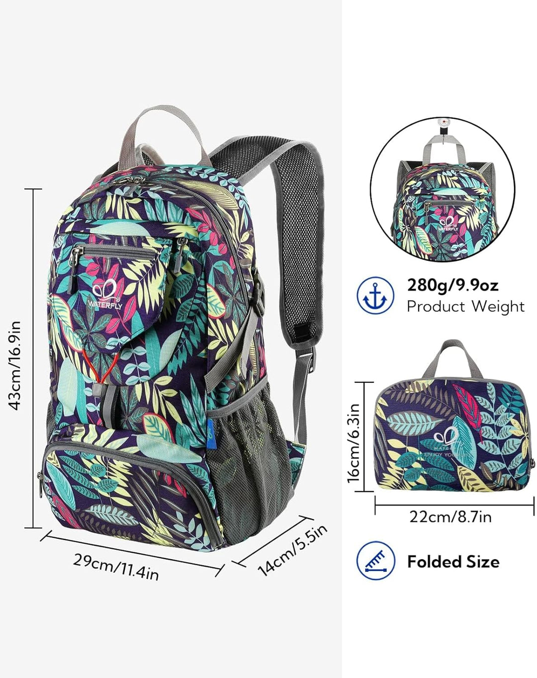WATERFLY Ultraleicht Faltbar Klein Rucksack: 20L Leicht Packable Wanderrucksack Tagesrucksack Trekki