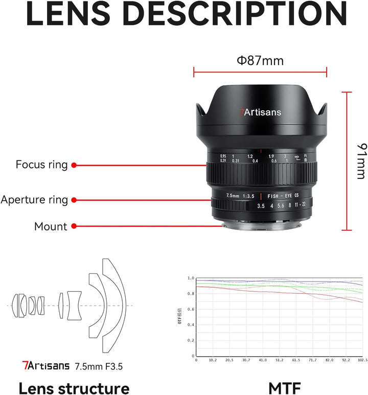 7artisans MF 7,5 mm F3.5 APS-C 205° Ultra-Weitwinkel-Manuelles Fischaugenobjektiv, kompatibel mit Ni