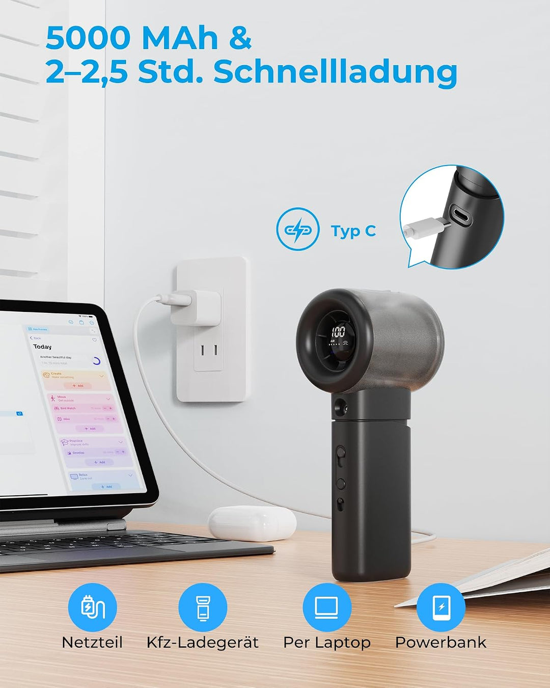 Handventilator mit Sprühfunktion – 16000RPM,5000mAh Akku,1–100 Stufenlos Einstellbar,USB-aufladbar,T