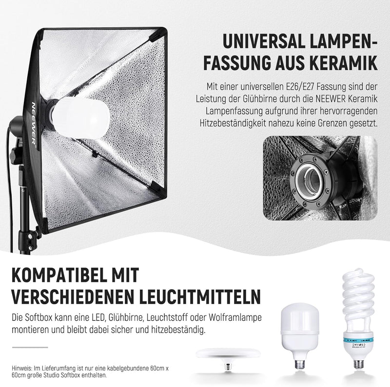 NEEWER 60x60cm Softbox mit E27 Porzellanfassung/CE&UKCA zertifiziertes Netzkabel/weisser Diffusor/St