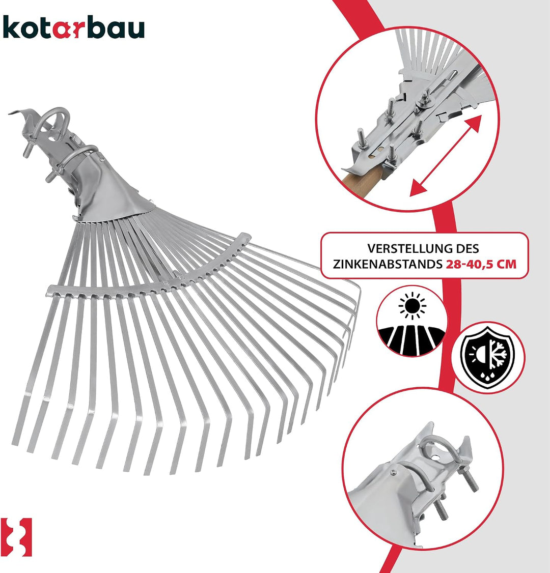 KOTARBAU® Fächerbesen verstellbar - 28-40,5 cm - Laubrechen - Metall Rechen für Gras &amp; Laub - Garten