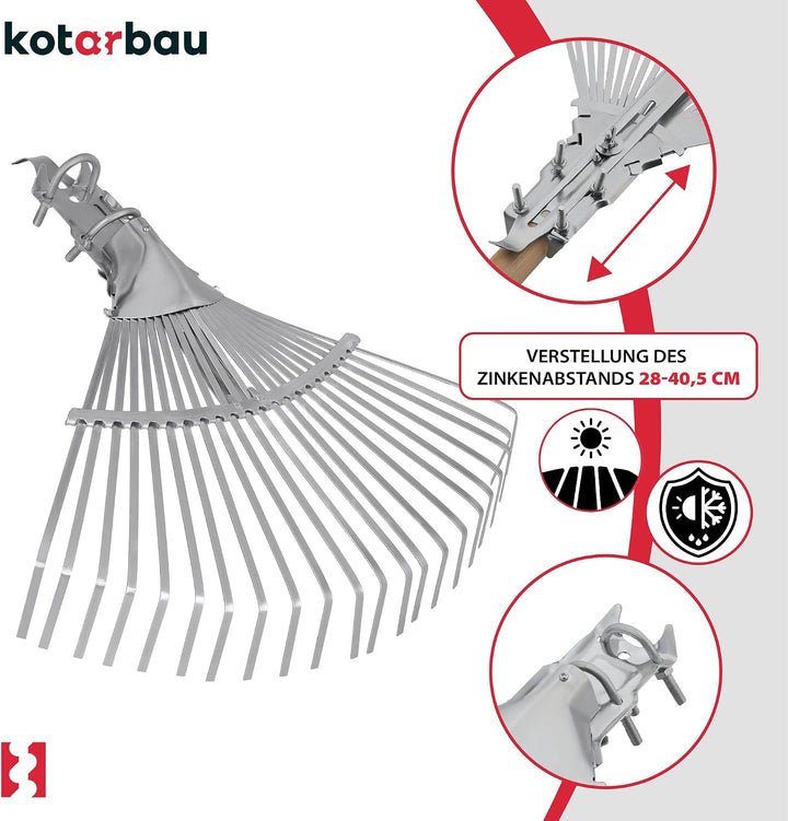 KOTARBAU® Fächerbesen verstellbar - 28-40,5 cm - Laubrechen - Metall Rechen für Gras &amp; Laub - Garten