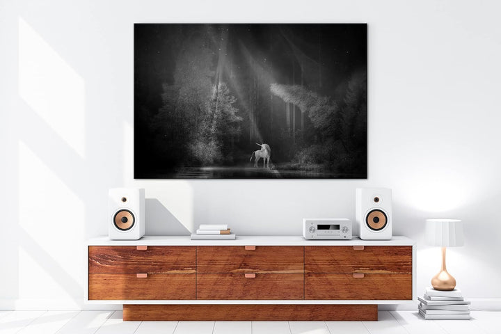 deyoli Einhorn auf einer Waldlichtung Format: 80x60 Effekt: Schwarz&Weiss als Leinwandbild, Motiv fe