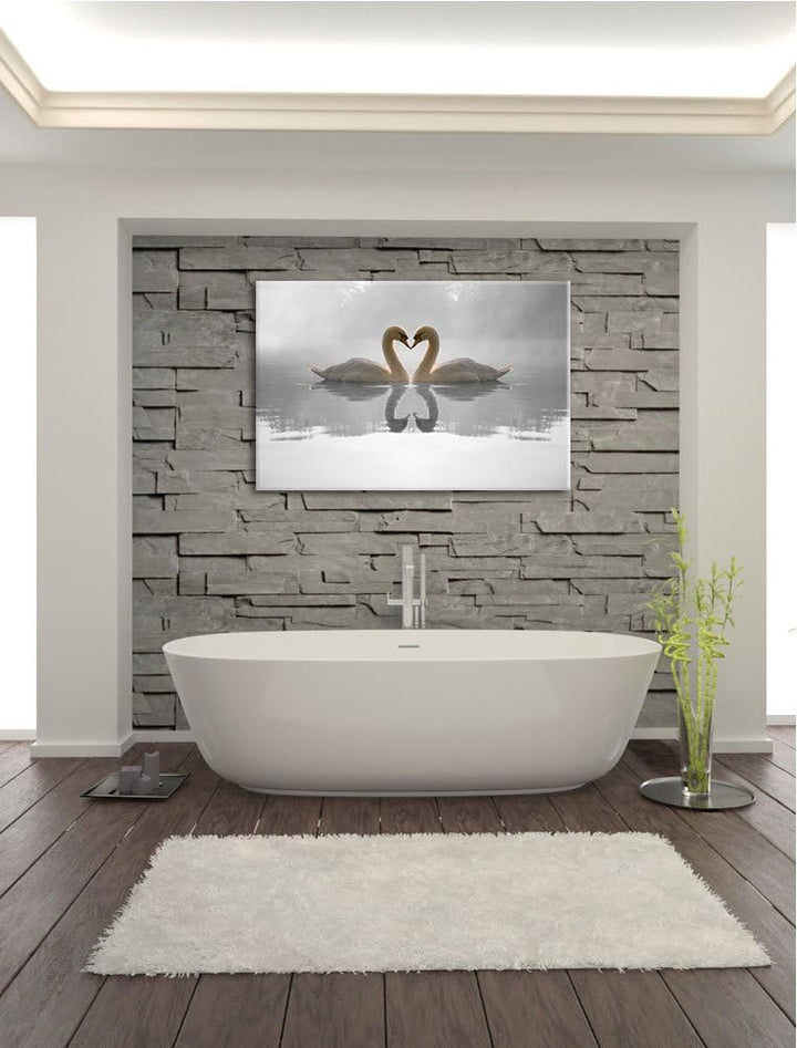 verliebte Schwäne auf See schwarz/weiss Format: 100x70 auf Leinwand, XXL riesige Bilder fertig gerah