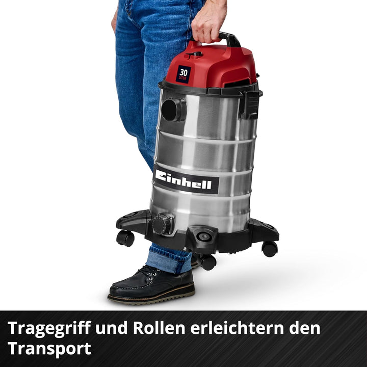 Einhell Nass-Trockensauger TC-VC 3055 S (950 W, 190 mbar Saugleistung, 30 L Edelstahlbehälter, Rolle