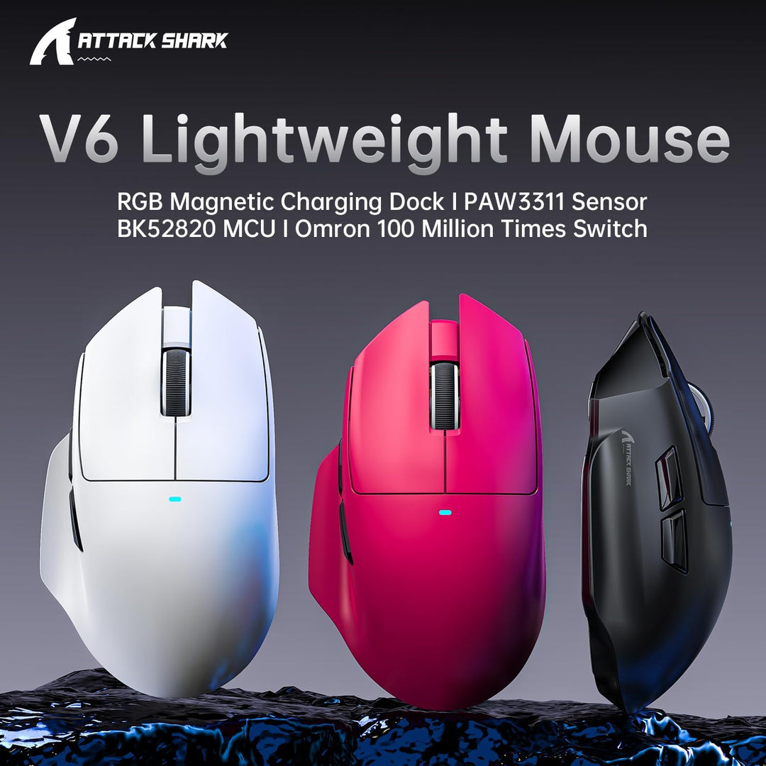 ATTACK SHARK V6 65g Superlight Mouse with Magnetic Charging Dock, PixArt PAW3311 Gaming Sensor, 2500