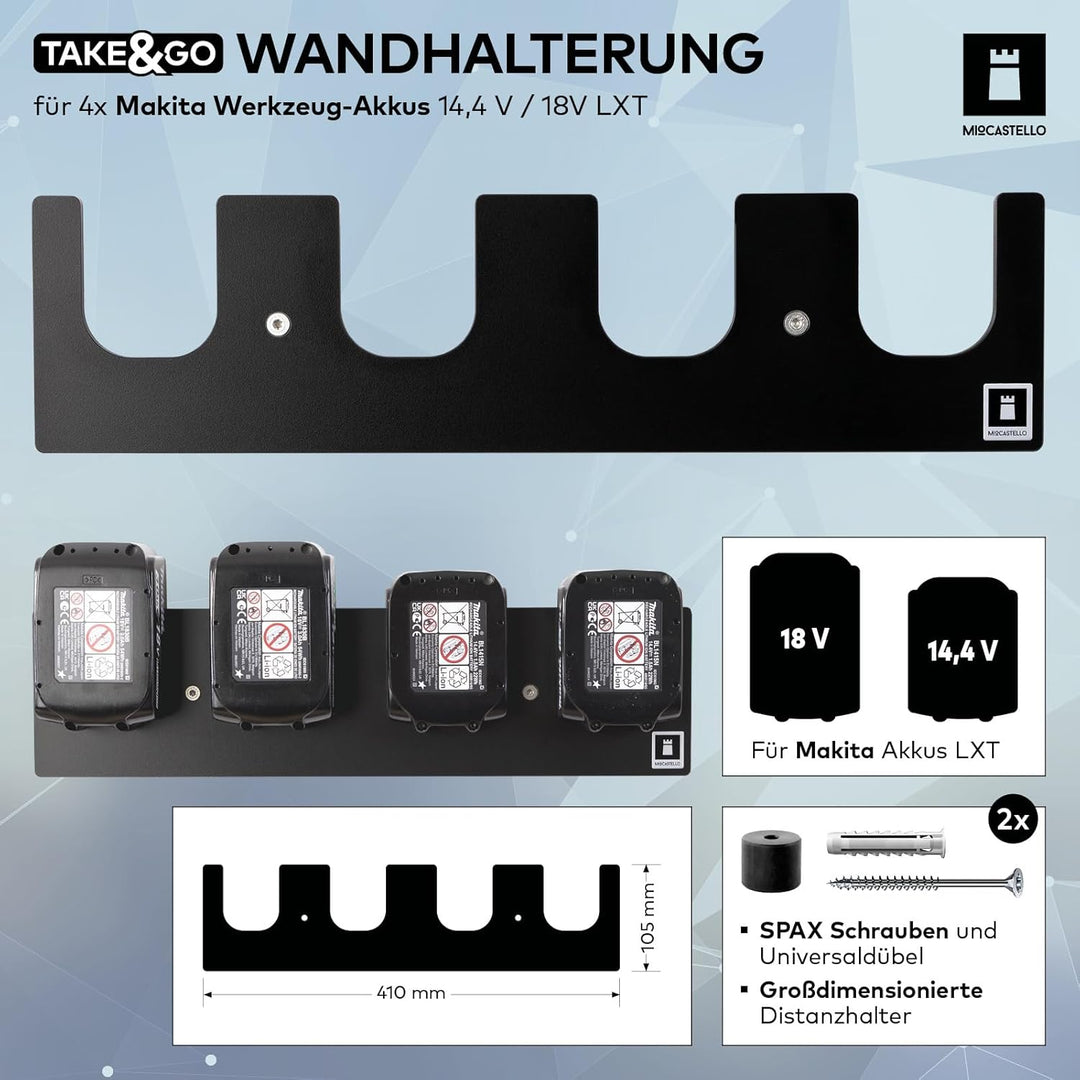 TAKE&GO Wandhalterung für 4x Makita Akkus 14,4 V / 18 V LXT – einzigartiges Design für platzsparende