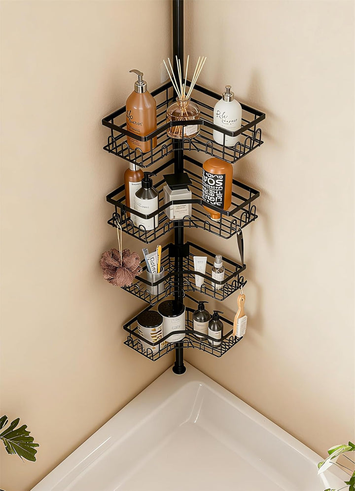 Duschregal Teleskop ohne Bohren, Höhenverstellbare Duschablage Ecke mit 4 Ablagen, Badewanne & Küche