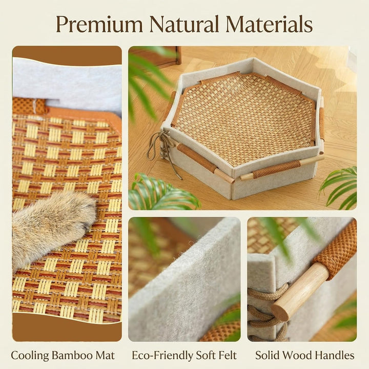 Sechseckiges Katzenbett mit Bambusmatte – Doppelseitig für Sommer (Kühlt) &amp; Winter (Wärmt), Abnehmba