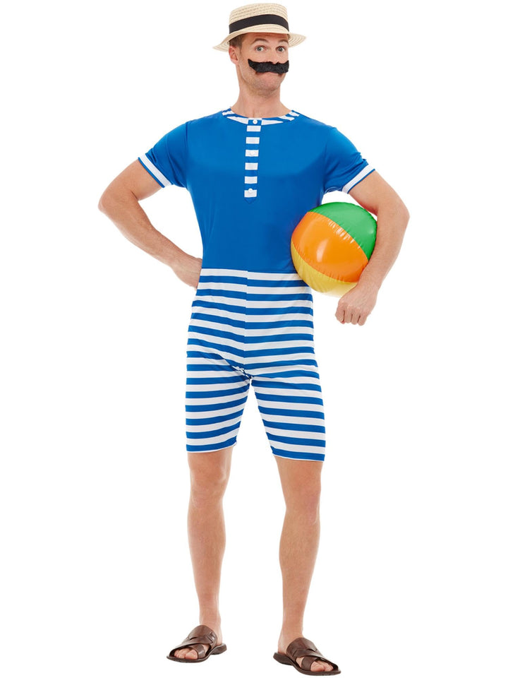 20s Bathing Suit Costume, Blue & White, with Short Jumpsuit, Hat & Moustache (M) 38-40 Blau, 38-40 B