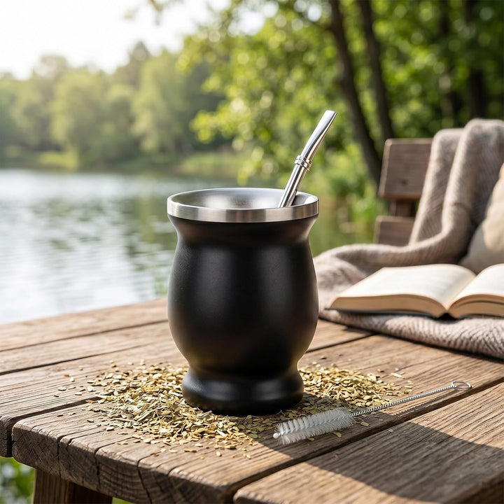 Yerba Mate Becher, Edelstahl Mate Becher Mit Reinigungsbürste Schwarzer Yerba Mate Strohhalm Mate Te