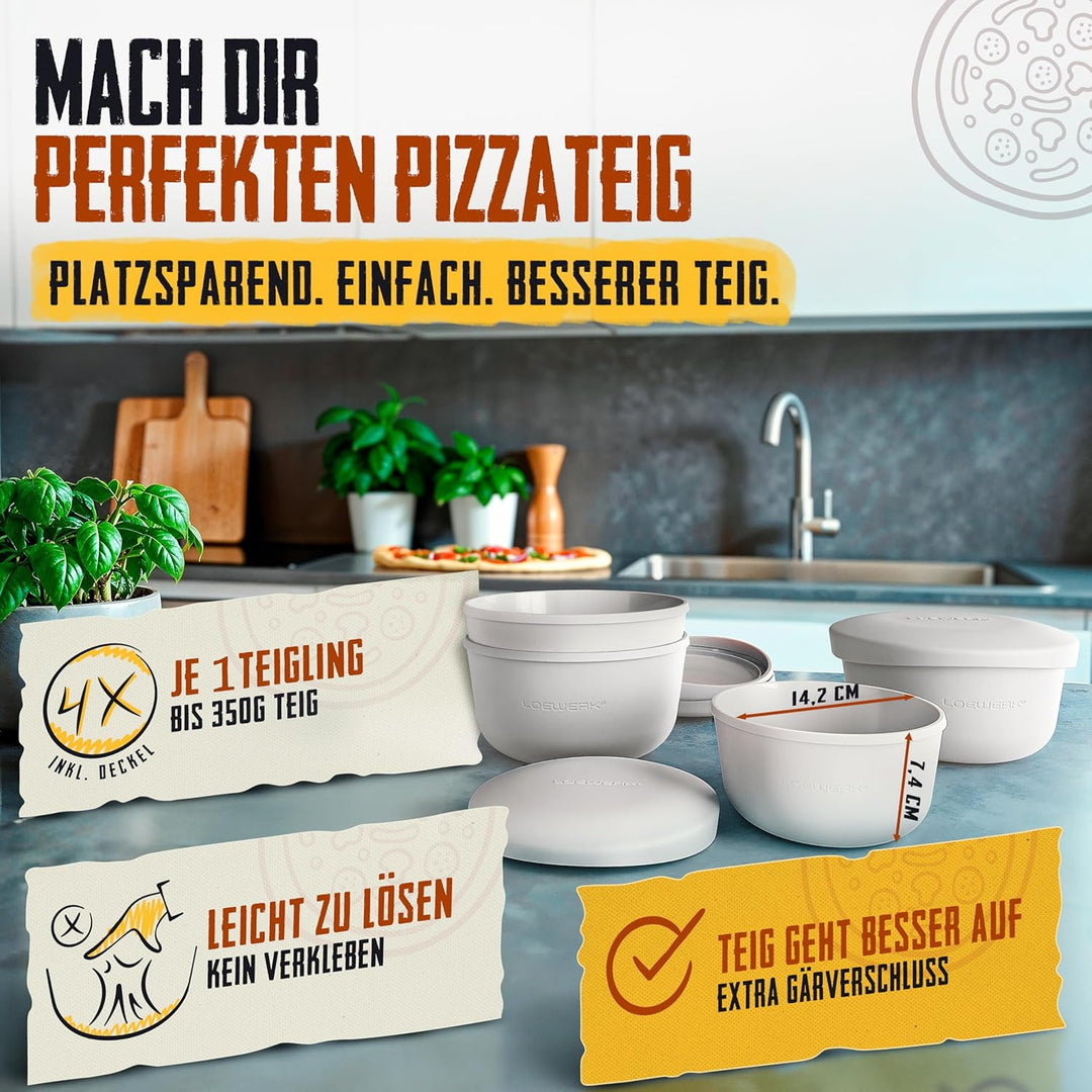 LOEWERK Pizzaballenbox mit Deckel – 4er Set – atmungsaktive Teigbox für perfekten Pizzateig - platzs