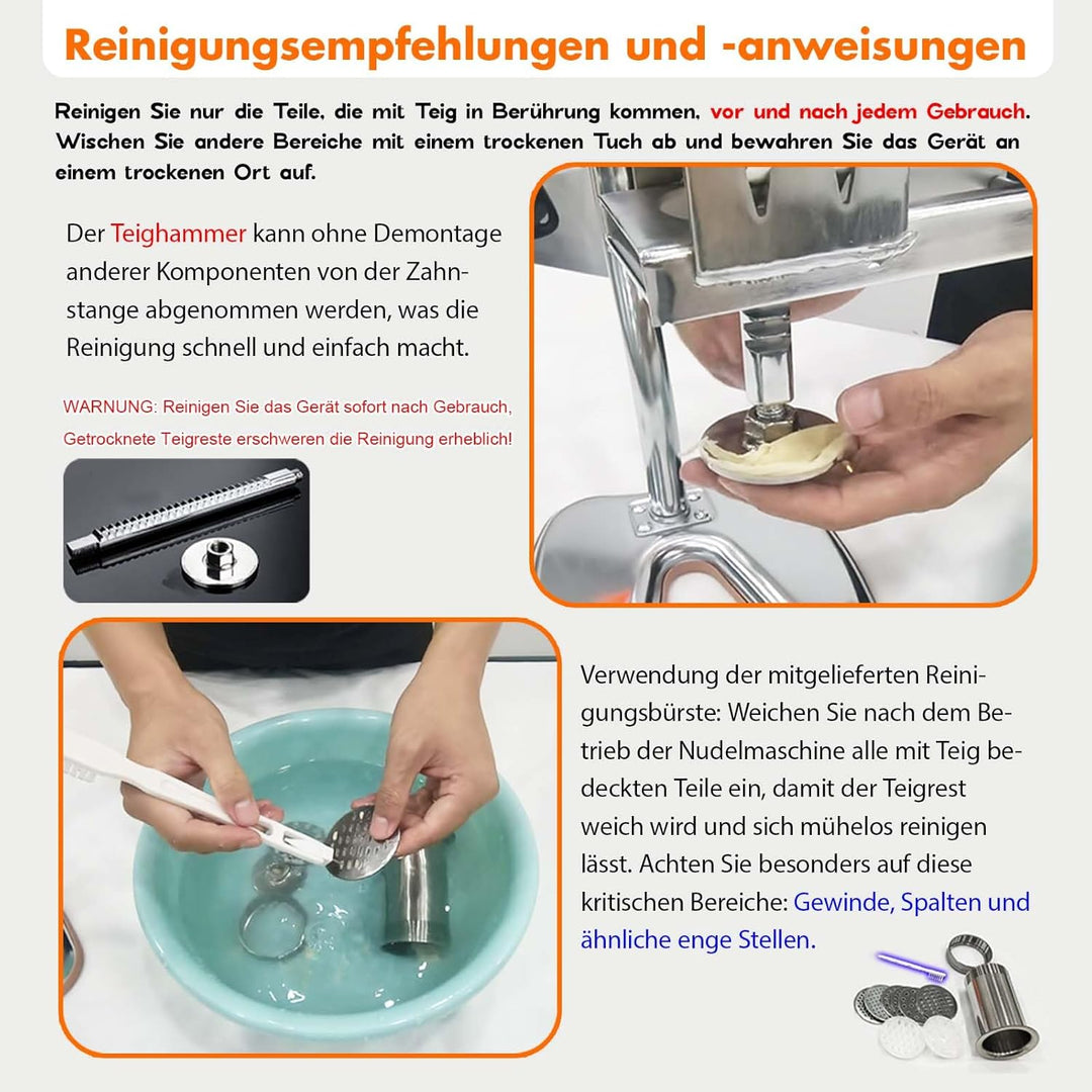 Nudelmaschine mit 8 Stahl-Formen | Ideal für Maccheroni, Fettuccine & Tagliolini | 30-Sekunden Schne