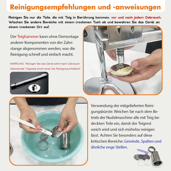 Nudelmaschine mit 8 Stahl-Formen | Ideal für Maccheroni, Fettuccine & Tagliolini | 30-Sekunden Schne