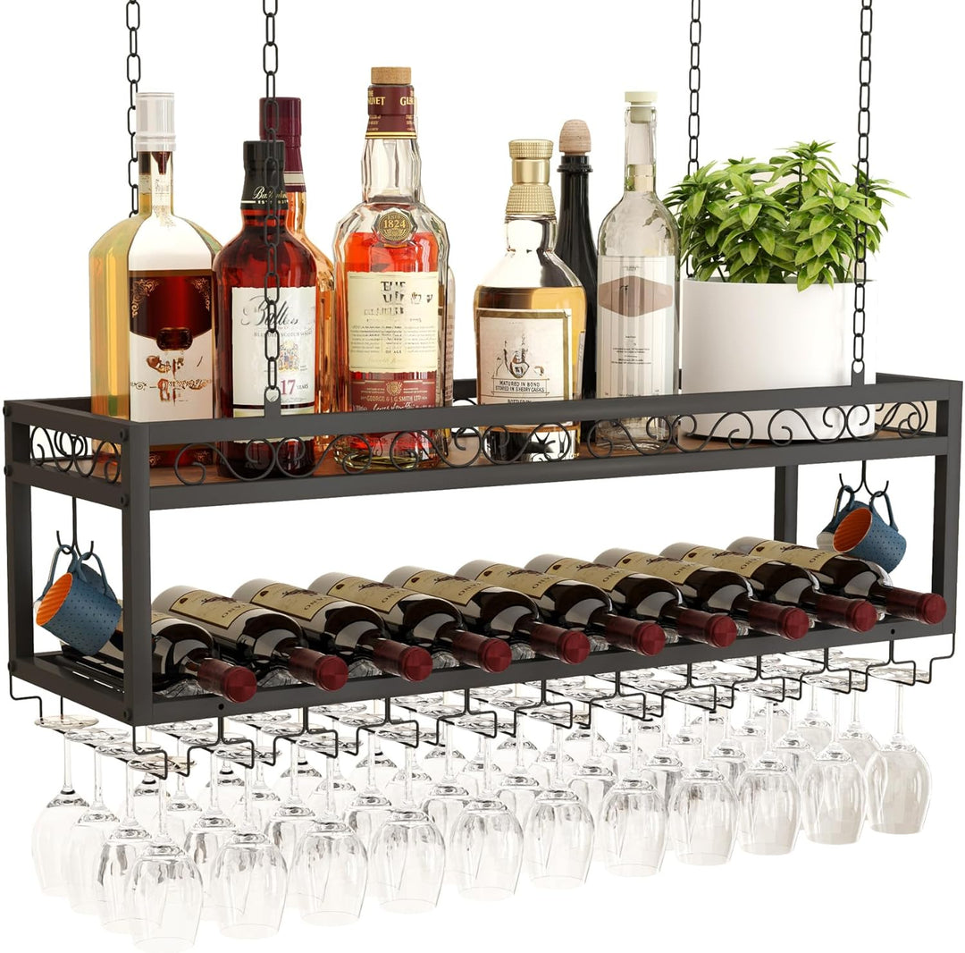 Deckenregal Weinregal Hängends Höhenverstellbare Deckenweinregal mit Glashalter Eisenkette Verstellb