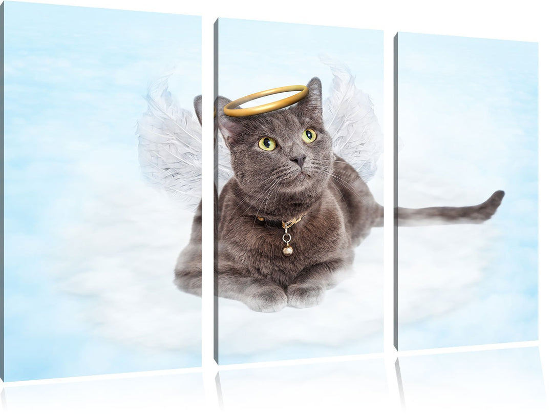 Pixxprint Katzen-Engel auf Wolke / 3-Teilig/Gesamtmass 120cm Leinwandbild bespannt auf Holzrahmen/Wa
