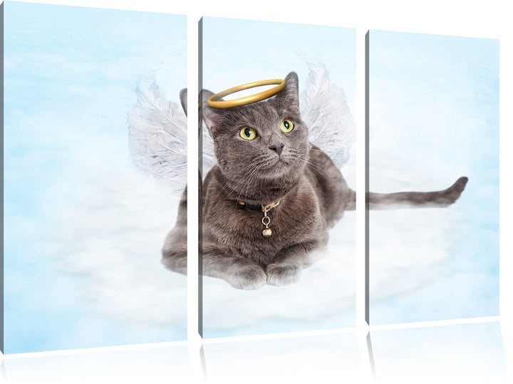 Pixxprint Katzen-Engel auf Wolke / 3-Teilig/Gesamtmass 120cm Leinwandbild bespannt auf Holzrahmen/Wa