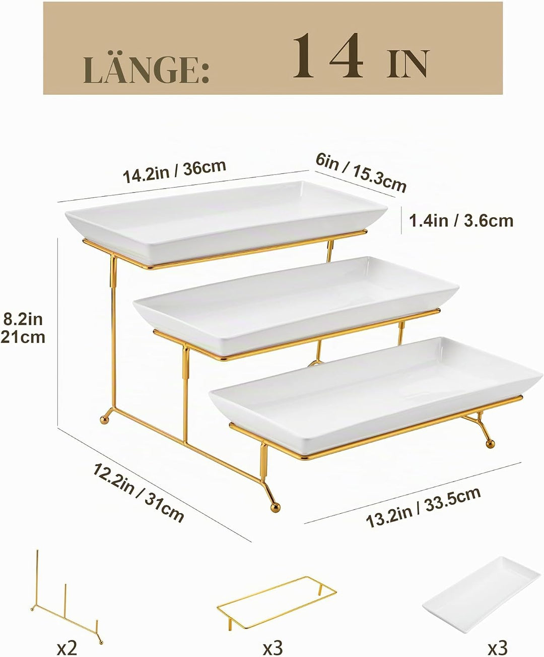 MALACASA Etagere 3 Etagen, 36x15.3cm Servierplatte Porzellan, Servierplatten mit Zusammenklappbaren