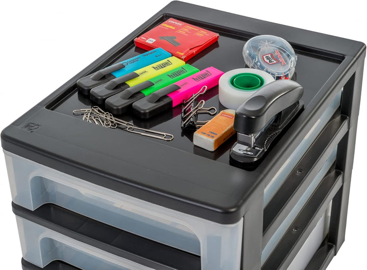 Iris Ohyama, Schreibtisch-Organizer mit 3 flachen Schubladen, Schwarz, Easy-Pull-System, A4, A5 & A6