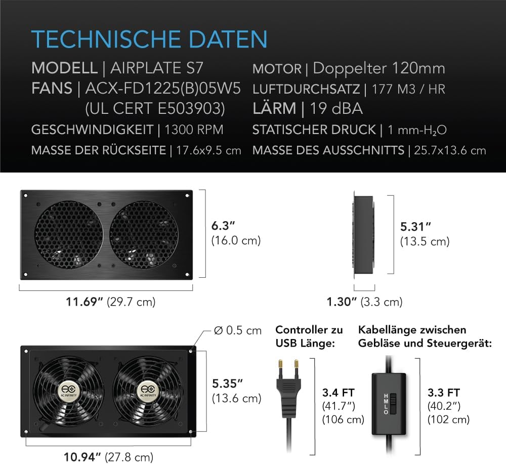 AC Infinity AIRPLATE S7, leises Kühllüftersystem 12" (30 cm) mit Geschwindigkeitssteuerung, für Heim