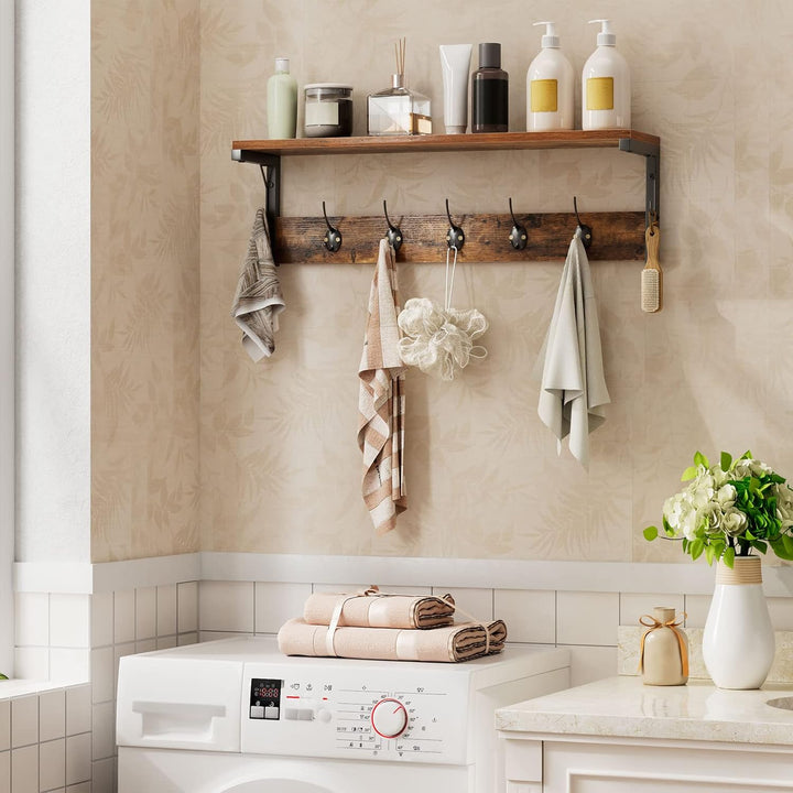 HOOBRO Wandgarderobe, Wandregal mit 7 Haken und Ablage, Hängeregal mit Garderobenleisten, Wandmontag