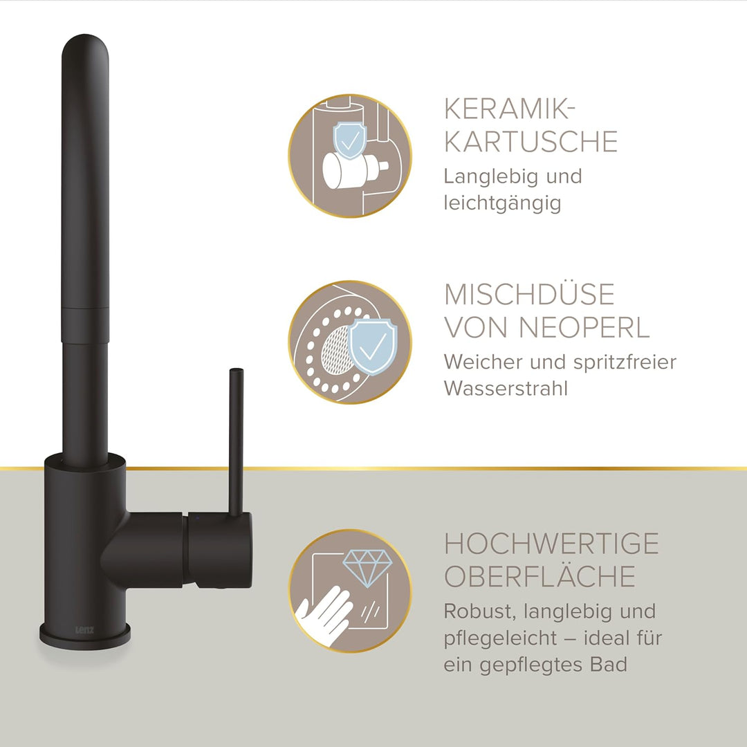 Lenz Küchenarmatur LIO Schwarz-matt – Hoher und 360° schwenkbarer Auslauf | Spültischarmatur mit 2-M