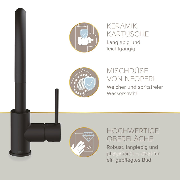 Lenz Küchenarmatur LIO Schwarz-matt – Hoher und 360° schwenkbarer Auslauf | Spültischarmatur mit 2-M