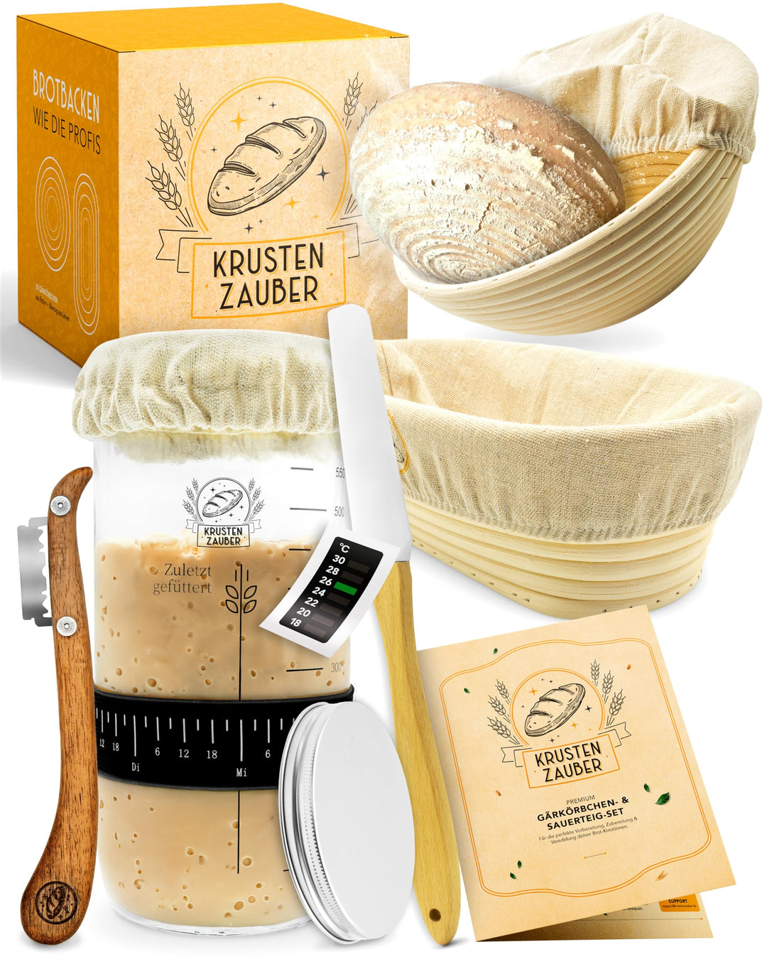 KRUSTENZAUBER 2er Set Gärkörbchen & 600ml Sauerteig Starter Set im Vorteilspack - Gärkörbe aus Ratta