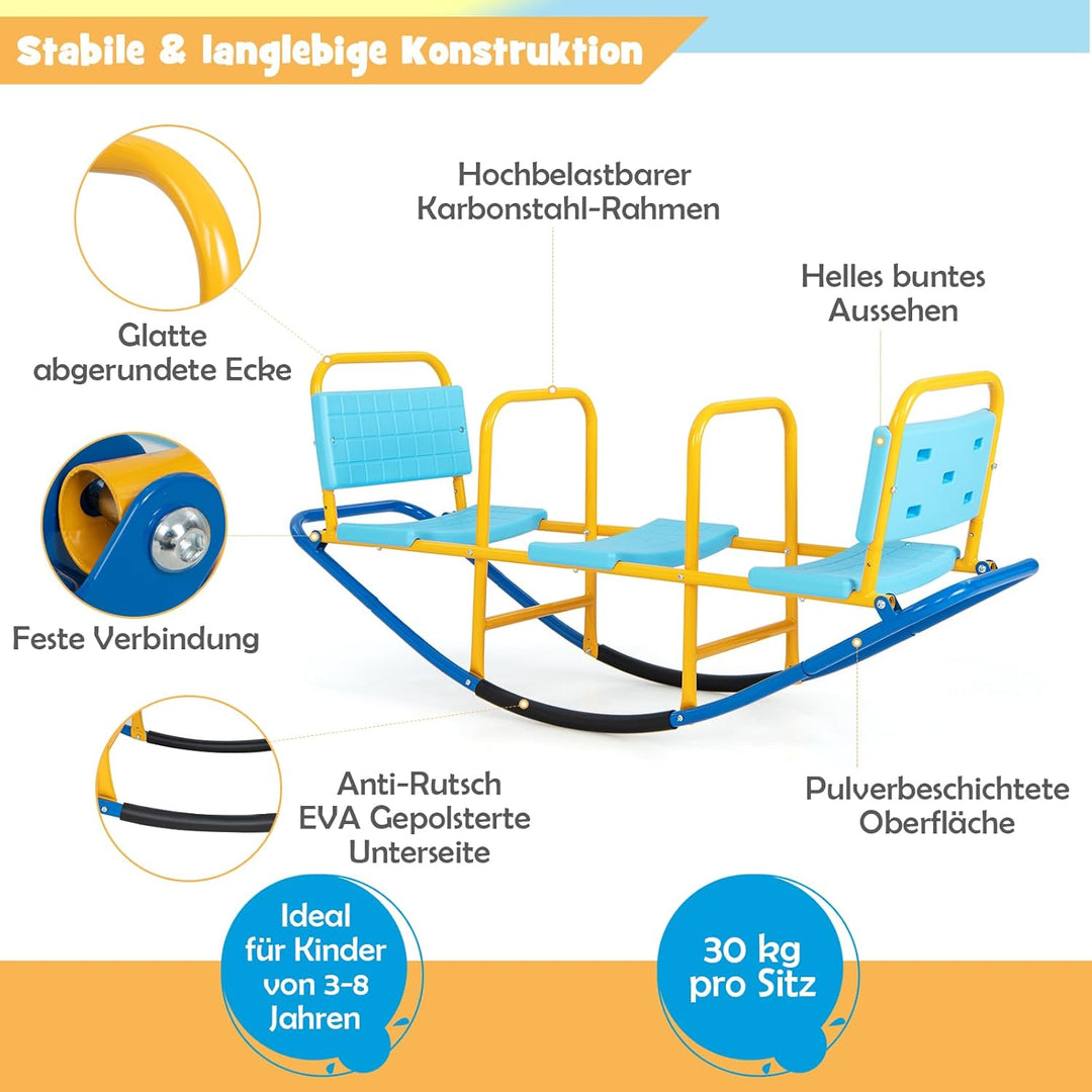 DREAMADE 3 Sitzer Kinder Wippe mit Rückenlehnen und Griffe, Schaukelwippe Metall 136x60x39cm, Karuss