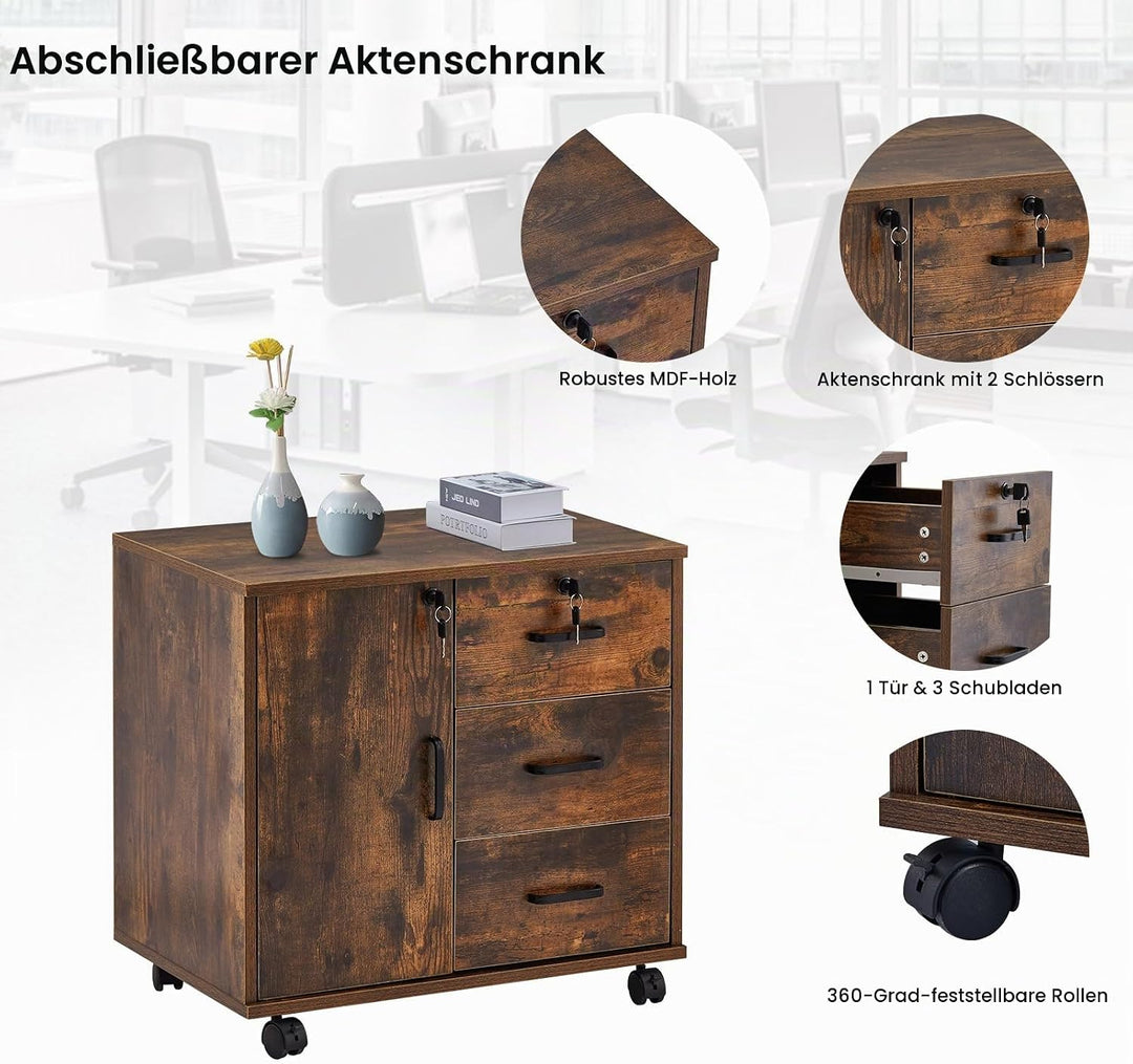 ZBAOLTO Rollcontainer Aktenschrank aus Holz, Abschliessbar Büroschrank mit 3 Schubladen und Tür, Ver