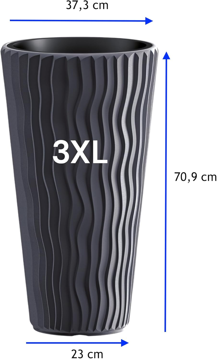 MELTOM Blumentopf mit vertikaler Wellenoptik herausnehmbarem Einsatz Hoch 3D Effekt in Anthrazit 3XL