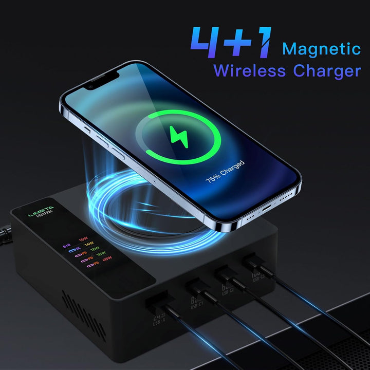LIMETA 5-Port Ladegerät USB C Schnellladegerät PD3.0 Kabellos Magnetisch Induktive Handy Ladestation
