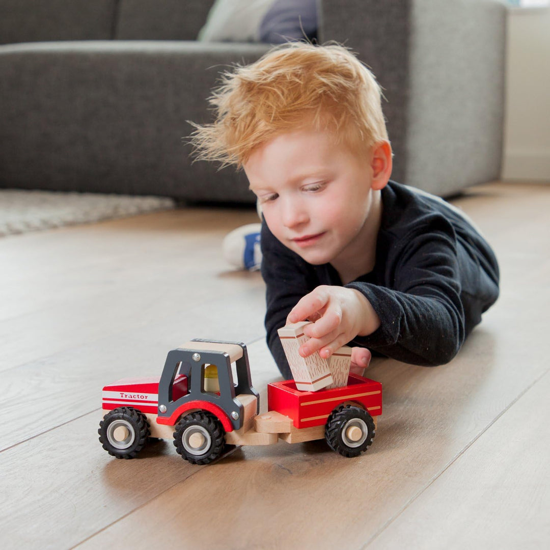 Woet® Holzspielzeug Traktor mit Anhänger für Kinder - Mit Heuballen - Bauernhof Fahrzeug Spielset -
